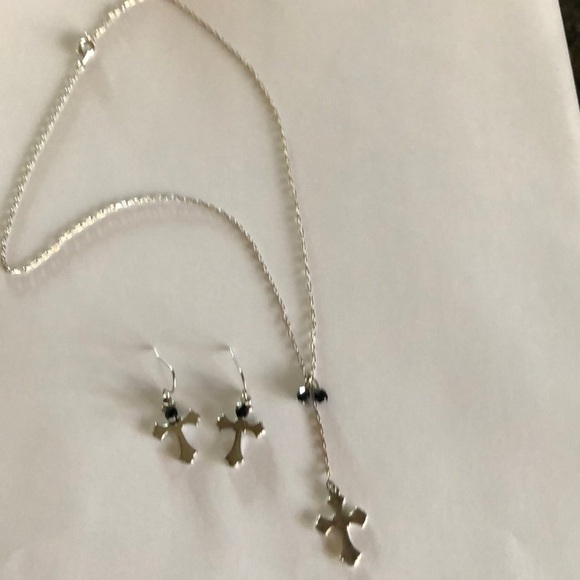 Silver Tone Cross Necklace Earring Set - Picture 2 of 2